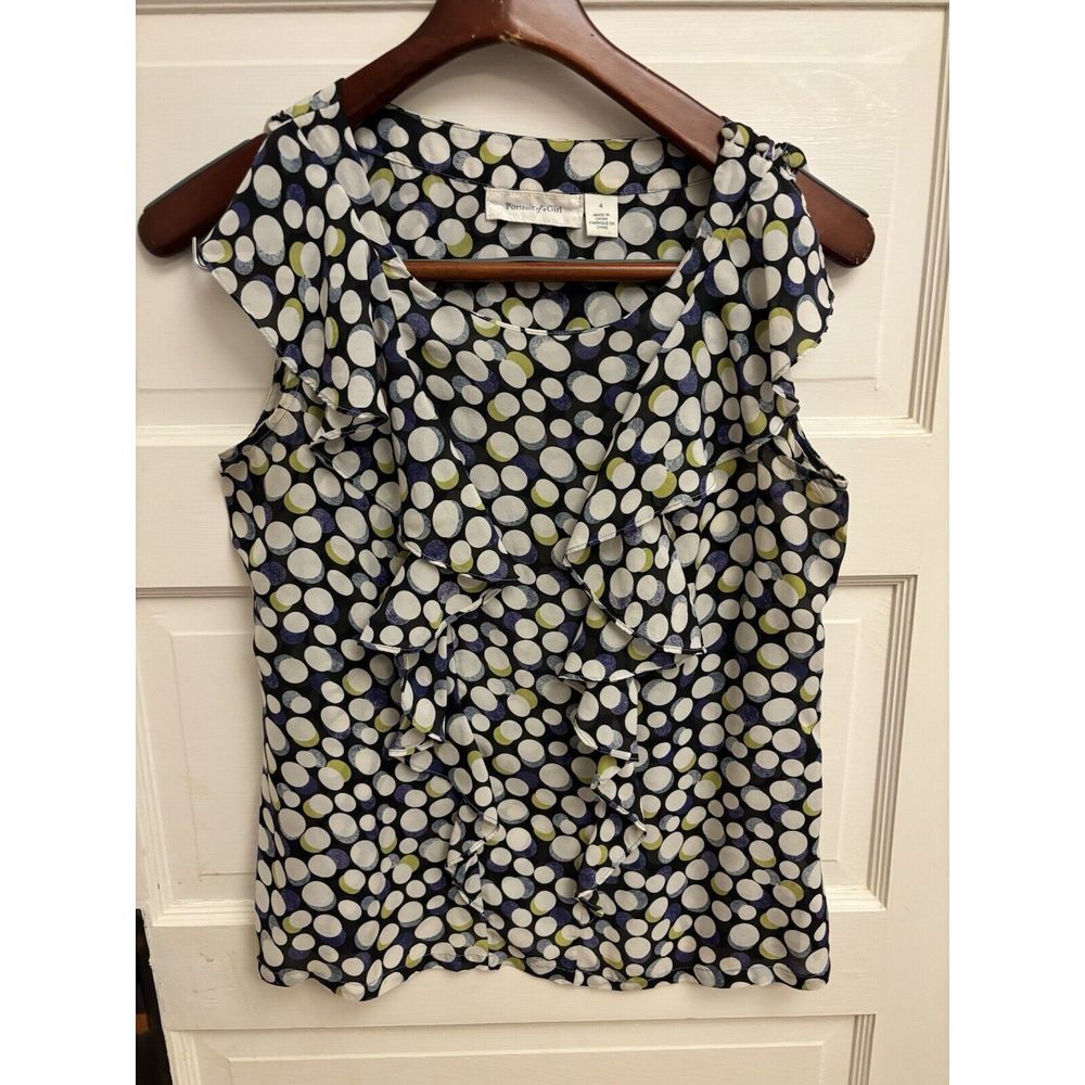 Anthropologie Portrait Of A‎ Girl Blouse Silk Dot Sleeveless Top Ruffle Size 4
